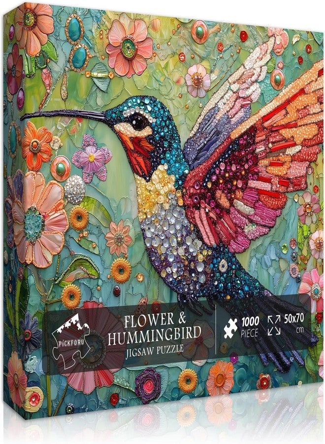 PICKFORU Hummingbird Puzzles for Adults 1000 Pieces, Nature Birds Flower Jewel Art Puzzle, Difficult Crystal Diamond Beautiful Garden Animals Jigsaw Puzzles, Colorful Floral Hard Challenging Puzzles for Adults - Image 1